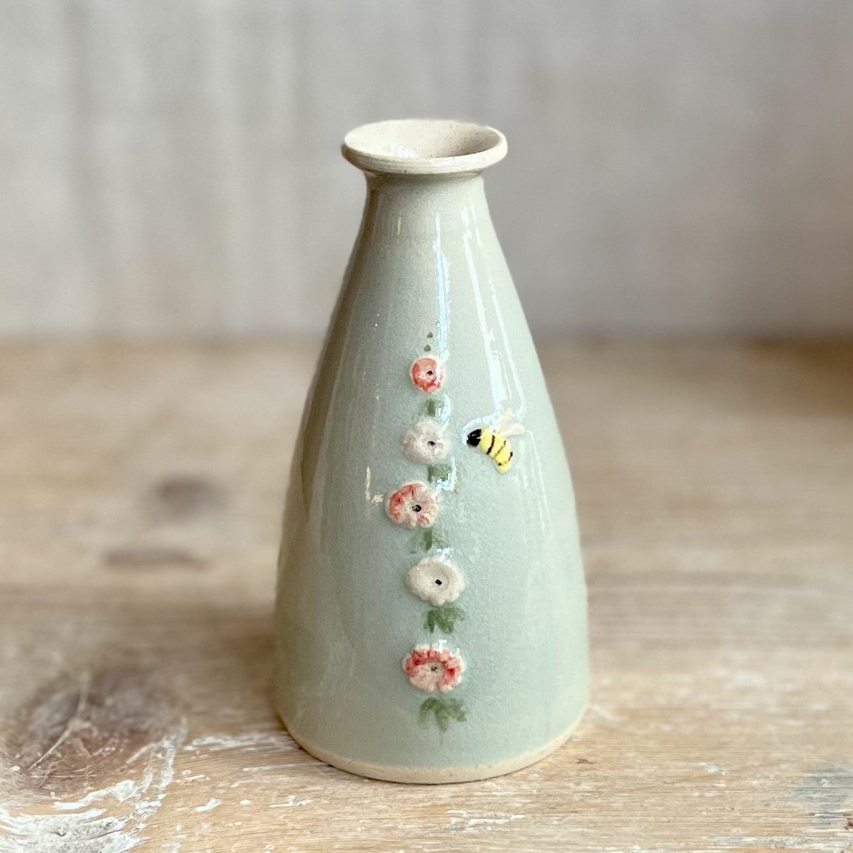 Hogben Pottery Bud Vase - Hollyhock and Honey Bee