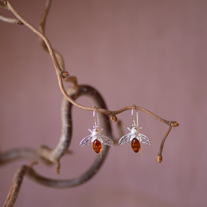 Honey bee hook silver & amber earrings - Henryka